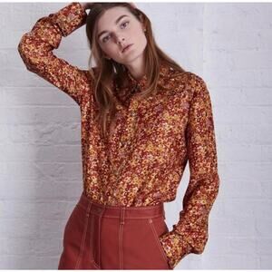 Silk Floral Print Button-Up Top - Orange